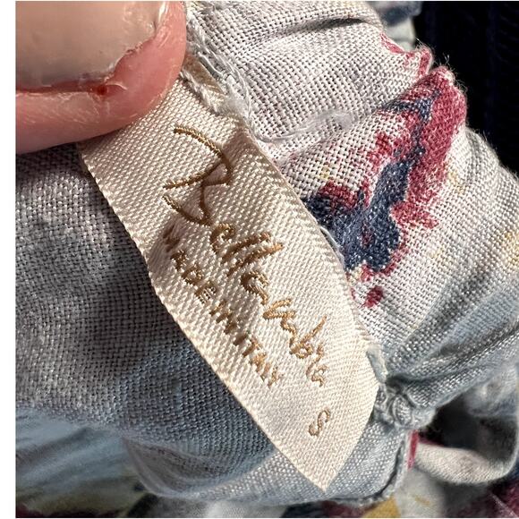 Linen Sun Dress Tie Back V Neck Sz S Blue Abstract Floral Beach Cruise Cottage - Picture 7 of 8